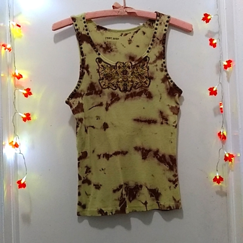 Tie Dye Light Green & Gold Women's Medium Tank with Beautiful Embellishment